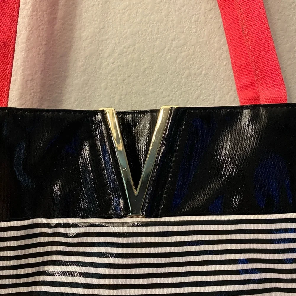 Victoria’s Secret plastic tote bag. Black and white stripe. Canvas pink handles